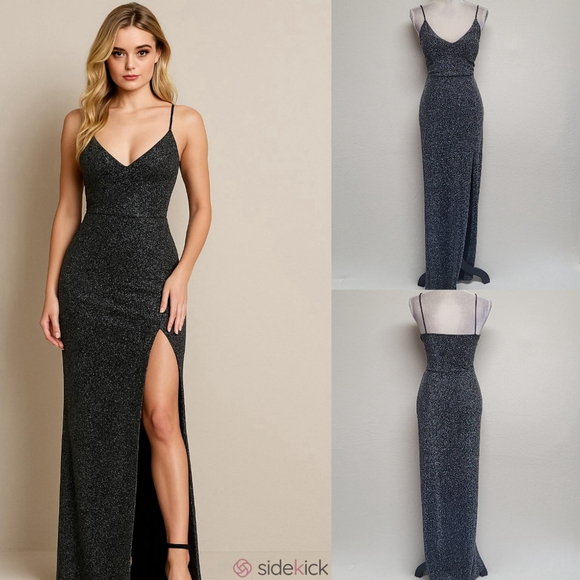 Vintage Dresses & Skirts - 90s Vintage Mind Code Black Metallic Knit V-neck Thigh High Slit Maxi Dress L